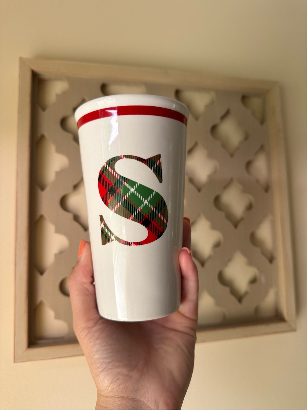 White Ceramic Monogram Tumbler with Red Trim and Green Plaid 'S'